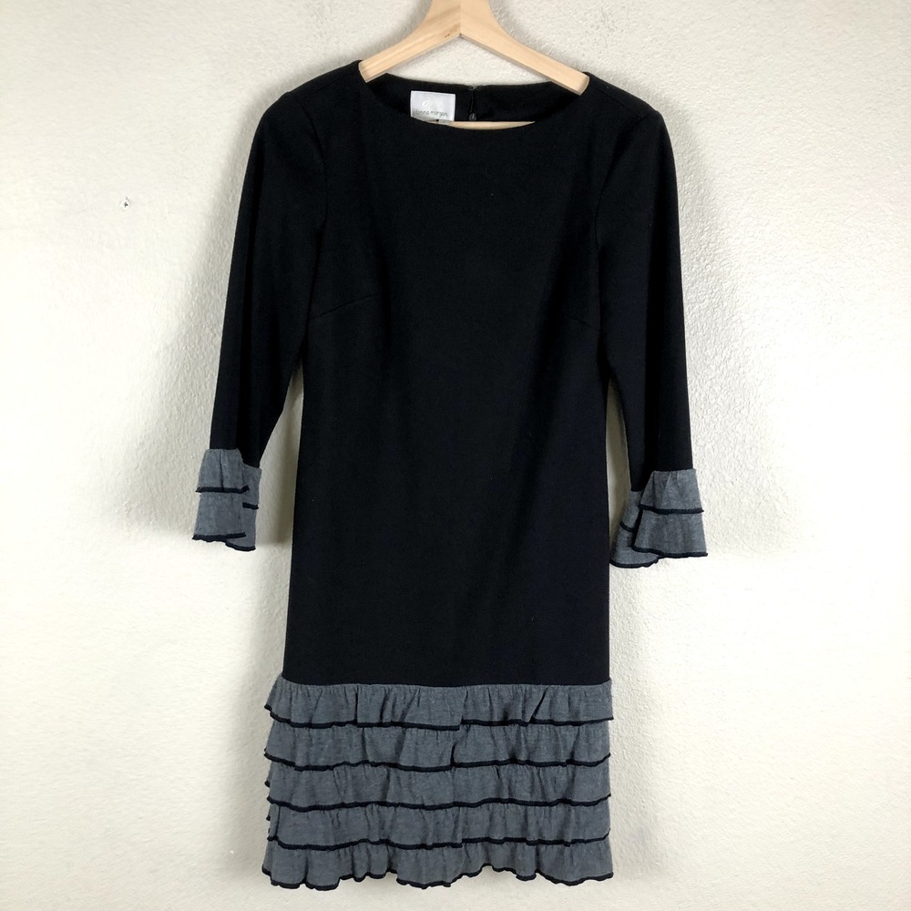 Vintage 90s Donna Morgan Dress Women 4 Black‎ Grey Stretch Ruffled Feminine